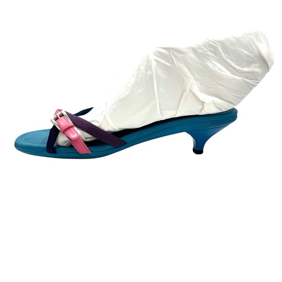 PRADA Y2K TURQUOISE BLUE KITTEN HEEL SLIDES W NAVY, PINK & PURPLE STRAPS - Picture 10 of 16
